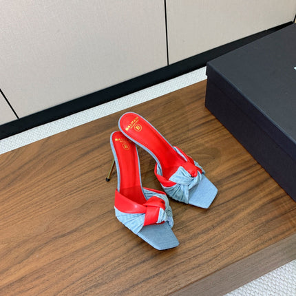 BALMAIN 25S HIGH HEEL MULES 95MM IN BRIGHT RED DENIM AND CALFSKIN