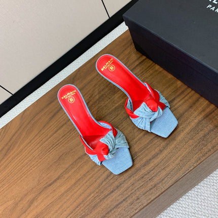 BALMAIN 25S HIGH HEEL MULES 95MM IN BRIGHT RED DENIM AND CALFSKIN