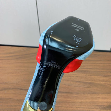 BALMAIN 25S HIGH HEEL MULES 95MM IN BRIGHT RED DENIM AND CALFSKIN