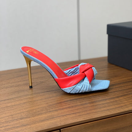 BALMAIN 25S HIGH HEEL MULES 95MM IN BRIGHT RED DENIM AND CALFSKIN