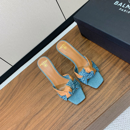 BALMAIN 25S HIGH HEEL MULES 95MM IN WARM CARAMEL DENIM AND CALFSKIN