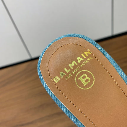 BALMAIN 25S HIGH HEEL MULES 95MM IN WARM CARAMEL DENIM AND CALFSKIN