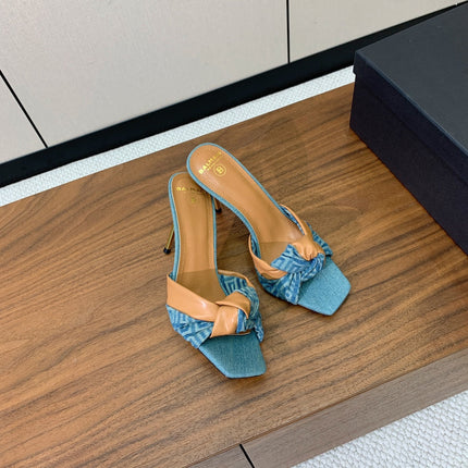 BALMAIN 25S HIGH HEEL MULES 95MM IN WARM CARAMEL DENIM AND CALFSKIN