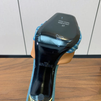 BALMAIN 25S HIGH HEEL MULES 95MM IN WARM CARAMEL DENIM AND CALFSKIN