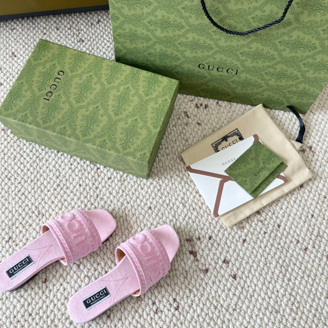 GG SLIDE SANDAL WITH GUCCI SCRIPT PASTEL PINK DENIM