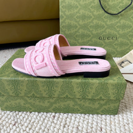 GG SLIDE SANDAL WITH GUCCI SCRIPT PASTEL PINK DENIM