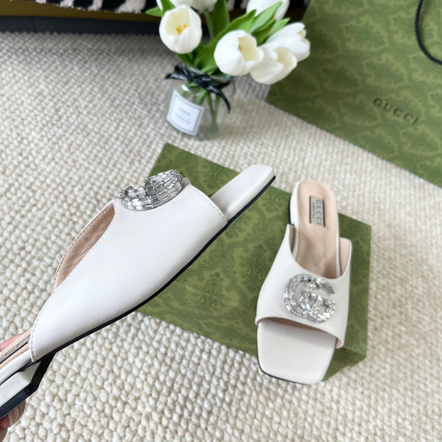 GG CRYSTAL SLIDES SANDAL WHITE CALFSKIN