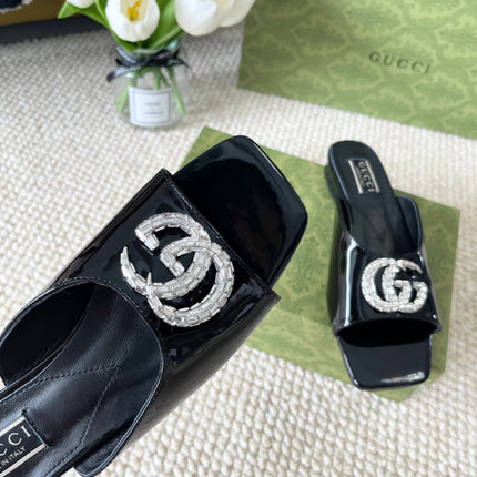 GG CRYSTAL SLIDES SANDAL BLACK CALFSKIN