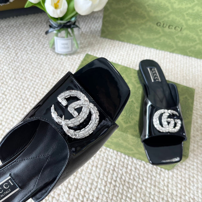 GG CRYSTAL SLIDES SANDAL BLACK CALFSKIN
