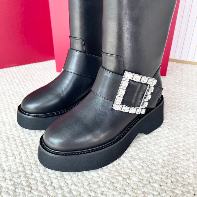 VIV' RANGERS HIGH BIKER IN BLACK CALFSKIN CRYSTAL BUCKLE