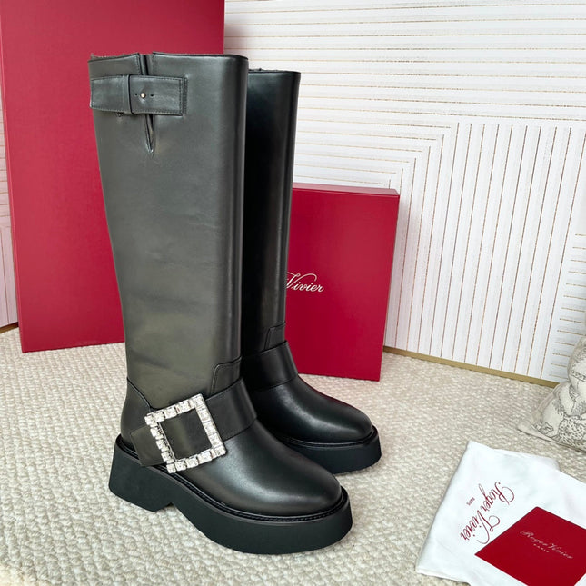 VIV' RANGERS HIGH BIKER IN BLACK CALFSKIN CRYSTAL BUCKLE