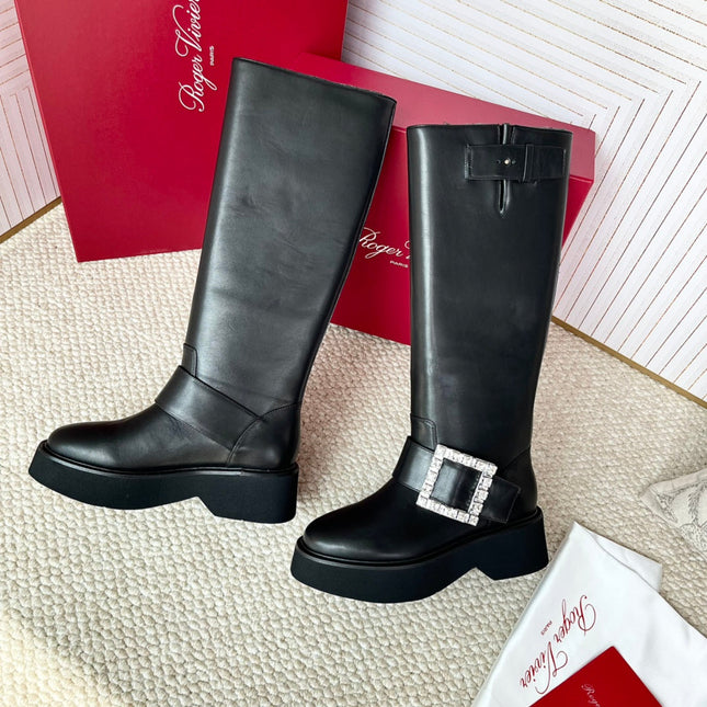 VIV' RANGERS HIGH BIKER IN BLACK CALFSKIN CRYSTAL BUCKLE