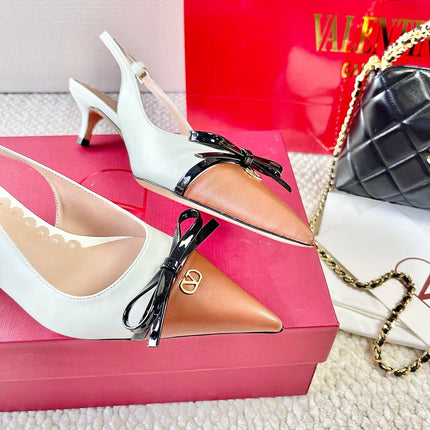 VLTN HIGH SLINGBACK 25S 40 MM IN WHITE MIX BROWN LAMBSKIN WITH BOW