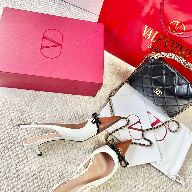 VLTN HIGH SLINGBACK 25S 40 MM IN WHITE MIX BROWN LAMBSKIN WITH BOW