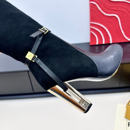 FENDI 25S HIGH-CUT METALLIC HEEL BOOTS 100 MM IN BLACK SUEDE AND CALFSKIN STYLE 2