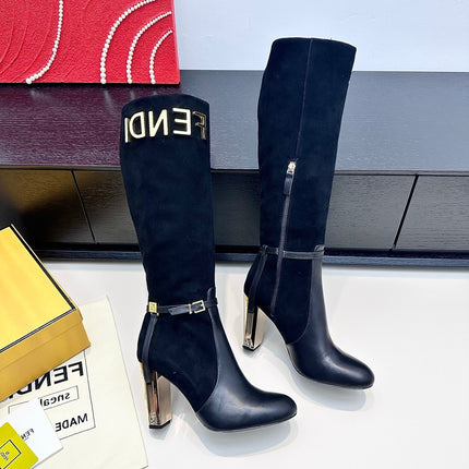 FENDI 25S HIGH-CUT METALLIC HEEL BOOTS 100 MM IN BLACK SUEDE AND CALFSKIN STYLE 2