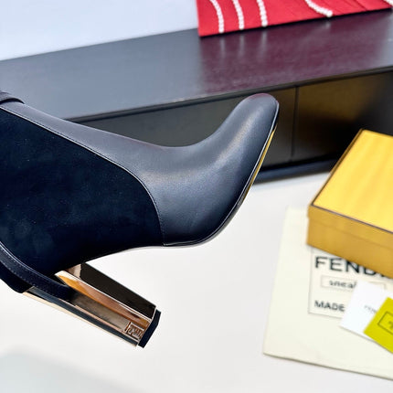 FENDI 25S HIGH-CUT METALLIC HEEL BOOTS 100 MM IN BLACK SUEDE AND CALFSKIN STYLE 2