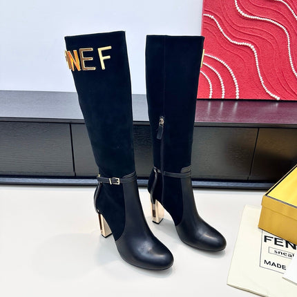 FENDI 25S HIGH-CUT METALLIC HEEL BOOTS 100 MM IN BLACK SUEDE AND CALFSKIN STYLE 2