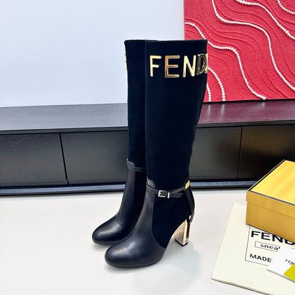 FENDI 25S HIGH-CUT METALLIC HEEL BOOTS 100 MM IN BLACK SUEDE AND CALFSKIN STYLE 2