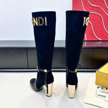 FENDI 25S HIGH-CUT METALLIC HEEL BOOTS 100 MM IN BLACK SUEDE AND CALFSKIN STYLE 2