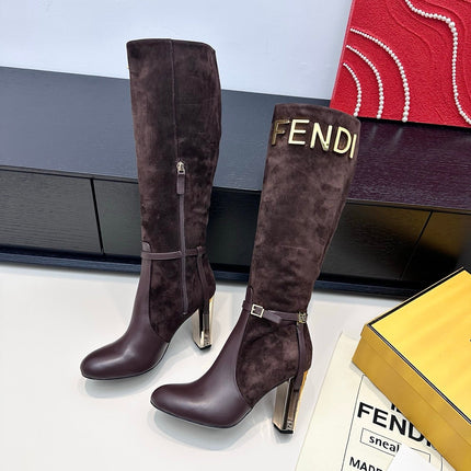 FENDI 25S HIGH-CUT METALLIC HEEL BOOTS 100 MM IN DARK BROWN SUEDE AND CALFSKIN STYLE 1