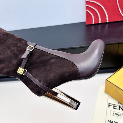 FENDI 25S HIGH-CUT METALLIC HEEL BOOTS 100 MM IN DARK BROWN SUEDE AND CALFSKIN STYLE 1