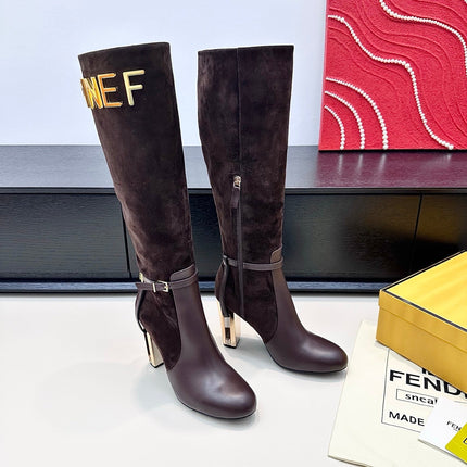FENDI 25S HIGH-CUT METALLIC HEEL BOOTS 100 MM IN DARK BROWN SUEDE AND CALFSKIN STYLE 1