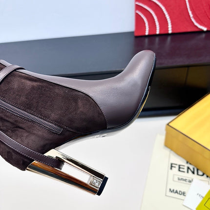 FENDI 25S HIGH-CUT METALLIC HEEL BOOTS 100 MM IN DARK BROWN SUEDE AND CALFSKIN STYLE 1