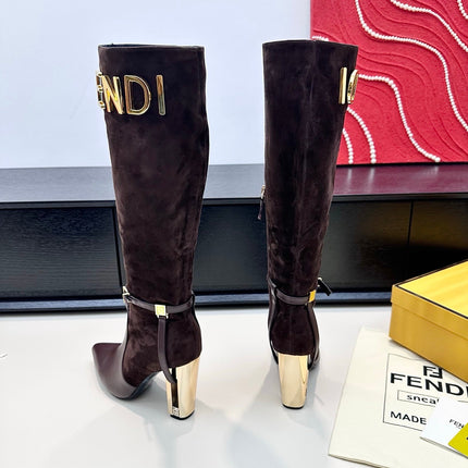 FENDI 25S HIGH-CUT METALLIC HEEL BOOTS 100 MM IN DARK BROWN SUEDE AND CALFSKIN