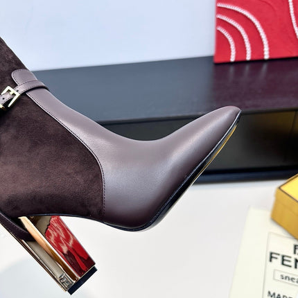 FENDI 25S HIGH-CUT METALLIC HEEL BOOTS 100 MM IN DARK BROWN SUEDE AND CALFSKIN