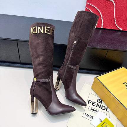 FENDI 25S HIGH-CUT METALLIC HEEL BOOTS 100 MM IN DARK BROWN SUEDE AND CALFSKIN