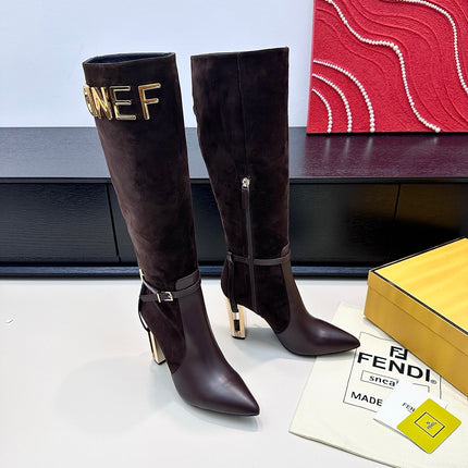 FENDI 25S HIGH-CUT METALLIC HEEL BOOTS 100 MM IN DARK BROWN SUEDE AND CALFSKIN