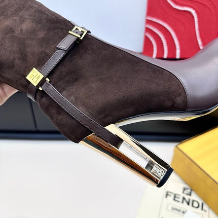 FENDI 25S HIGH-CUT METALLIC HEEL BOOTS 100 MM IN DARK BROWN SUEDE AND CALFSKIN