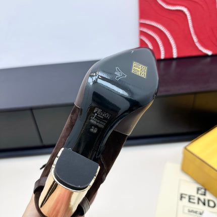 FENDI 25S HIGH-CUT METALLIC HEEL BOOTS 100 MM IN DARK BROWN SUEDE AND CALFSKIN