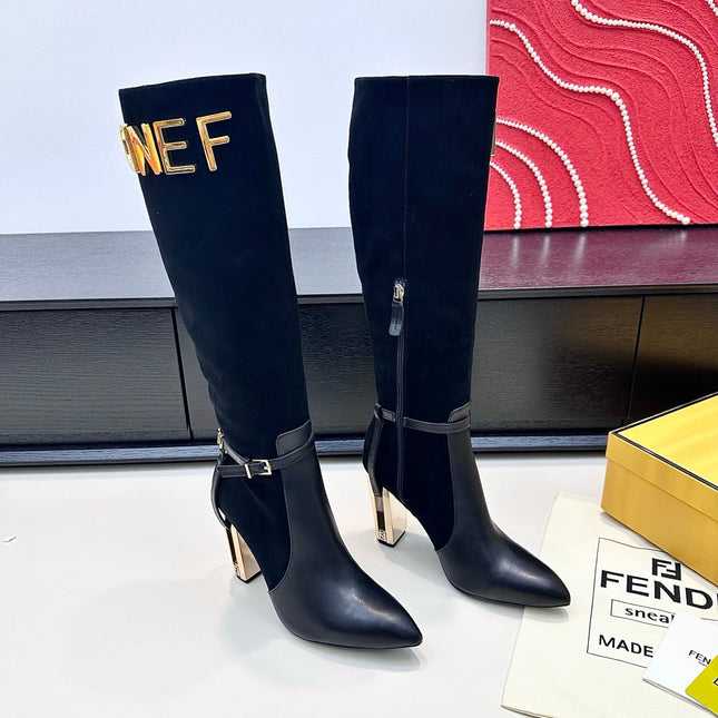 FENDI 25S HIGH-CUT METALLIC HEEL BOOTS 100 MM IN BLACK SUEDE AND CALFSKIN