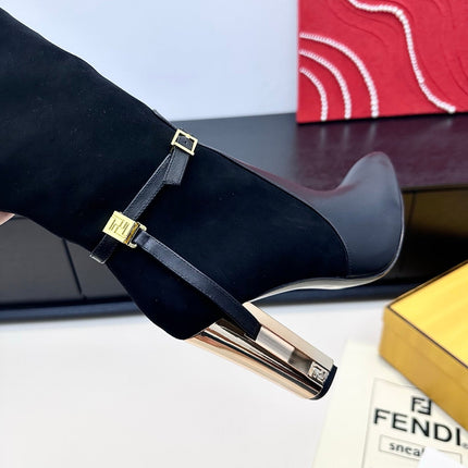 FENDI 25S HIGH-CUT METALLIC HEEL BOOTS 100 MM IN BLACK SUEDE AND CALFSKIN