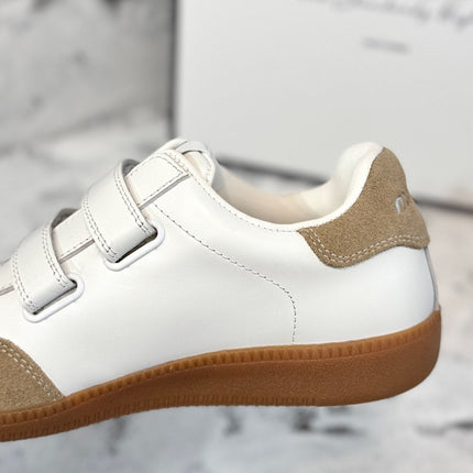 RETRO SNEAKERS WITH RIPTAPE STRAPS IN WHITE LAMBSKIN MIX PEANUT SUEDE