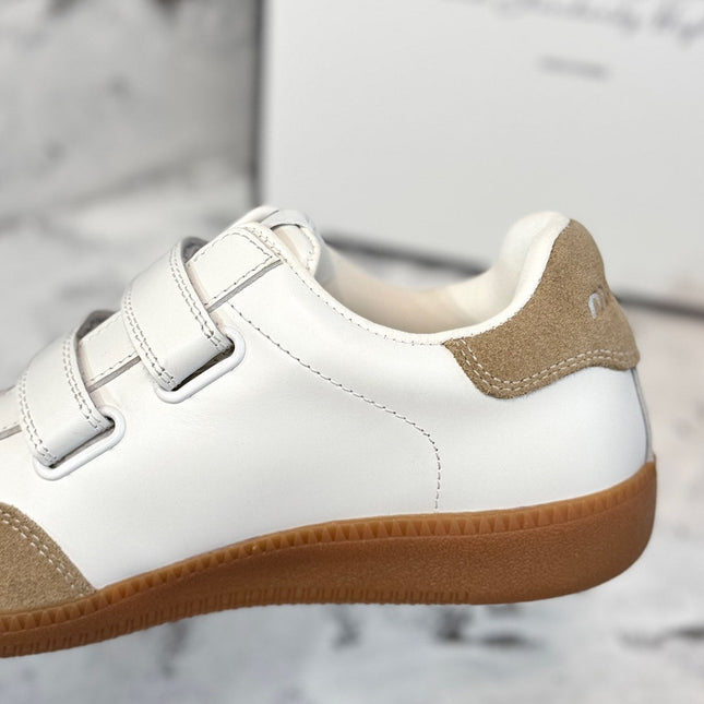 RETRO SNEAKERS WITH RIPTAPE STRAPS IN WHITE LAMBSKIN MIX PEANUT SUEDE