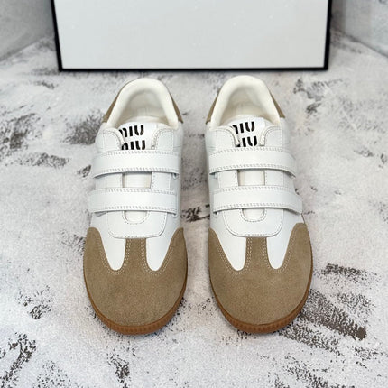 RETRO SNEAKERS WITH RIPTAPE STRAPS IN WHITE LAMBSKIN MIX PEANUT SUEDE