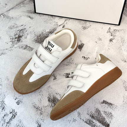 RETRO SNEAKERS WITH RIPTAPE STRAPS IN WHITE LAMBSKIN MIX PEANUT SUEDE