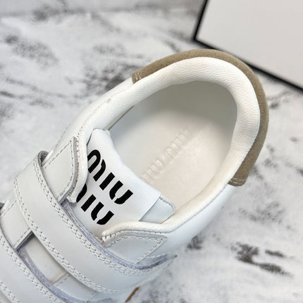 RETRO SNEAKERS WITH RIPTAPE STRAPS IN WHITE LAMBSKIN MIX PEANUT SUEDE