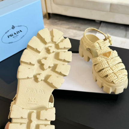 PRA MONOLITH CROCHET CAGE SANDALS PASTEL YELLOW LAMBSKIN