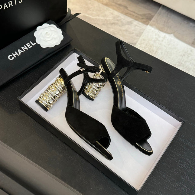 T-STRAP PEARL HEEL 85 MM SANDALS IN BLACK SUEDE