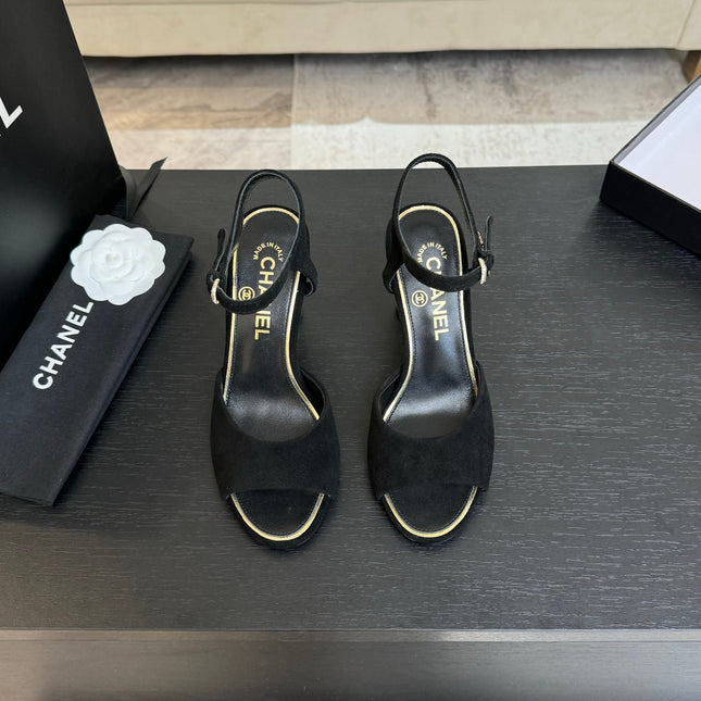 T-STRAP PEARL HEEL 85 MM SANDALS IN BLACK SUEDE