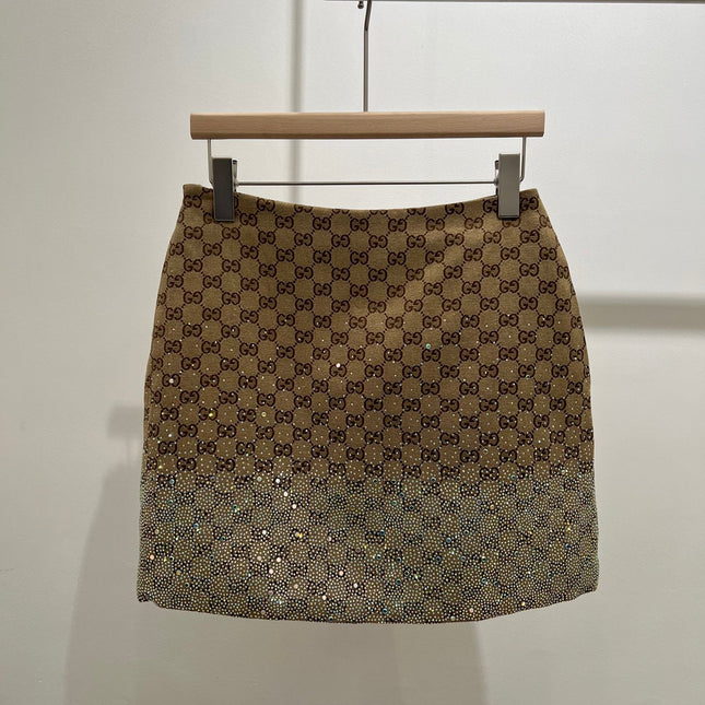 GG Beige Monogram Crystal Embellished Mini Skirt