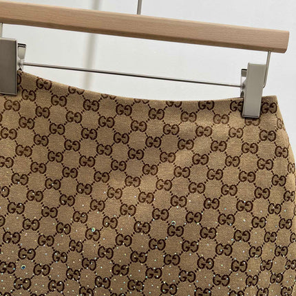 GG Beige Monogram Crystal Embellished Mini Skirt