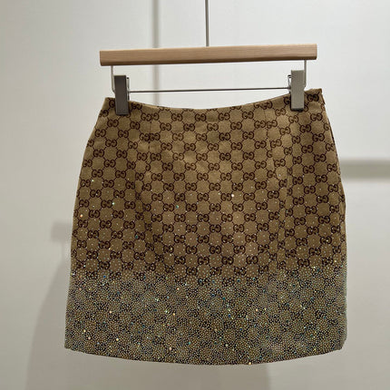 GG Beige Monogram Crystal Embellished Mini Skirt