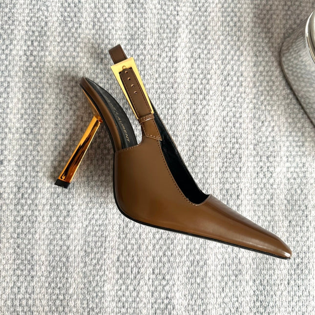 LEE SLINGBACK PUMPS 105 IN BROWN PATENT LEATHER GOLD HEEL