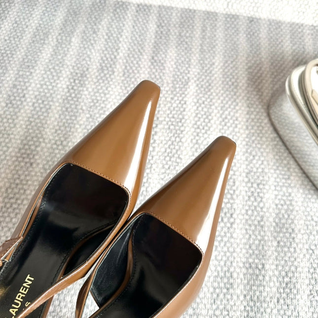 LEE SLINGBACK PUMPS 105 IN BROWN PATENT LEATHER GOLD HEEL
