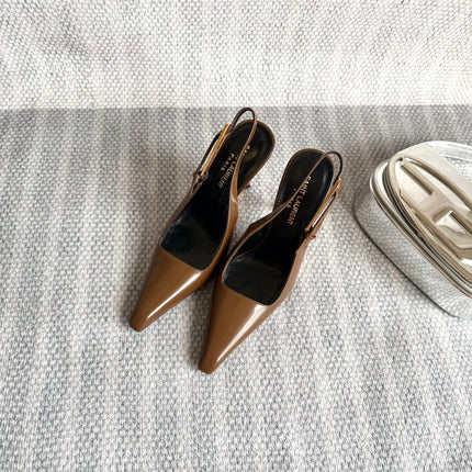 LEE SLINGBACK PUMPS 105 IN BROWN PATENT LEATHER GOLD HEEL